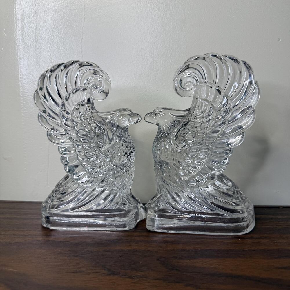 New Martinsville Clear Eagle Bookends Set Vintage